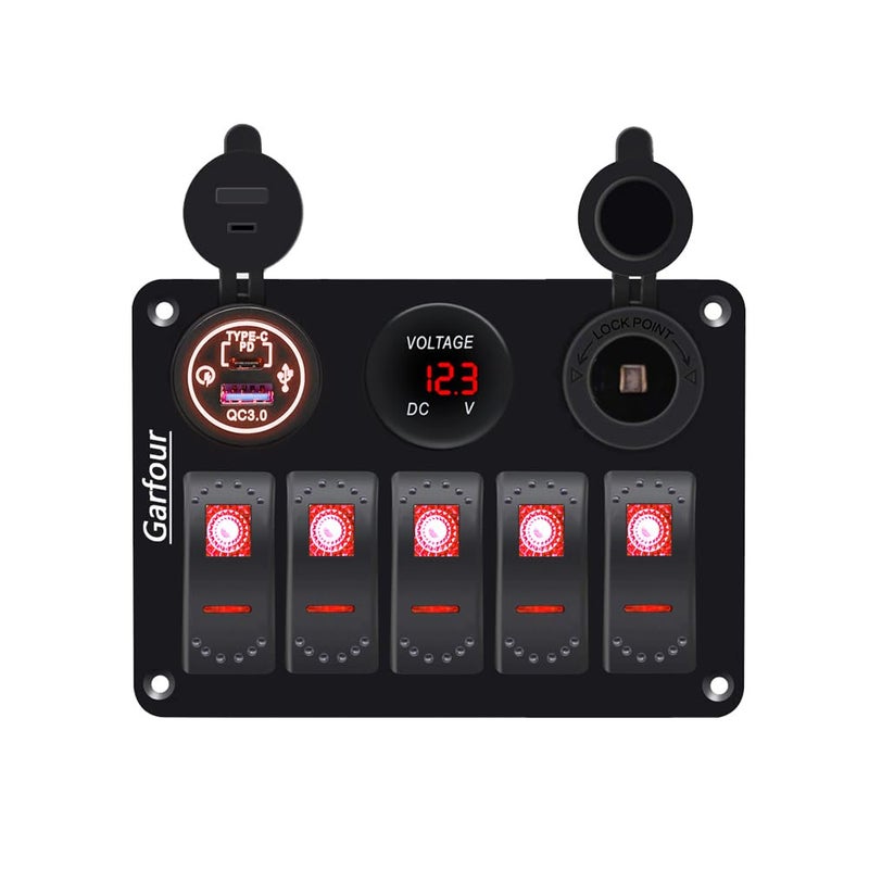 Garfour Red 5 Gang Waterproof Boat Switch Panel Marine Rocker Switch with 12V Voltmeter Type-C and QC 3.0 USB Charging Socket for Car Boat - Image 1